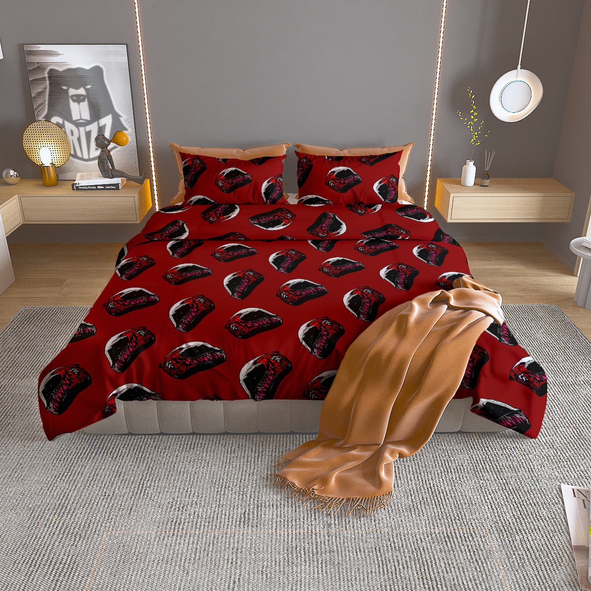 Biker Helmet Devil Print Pattern Duvet Cover Bedding Set-grizzshop