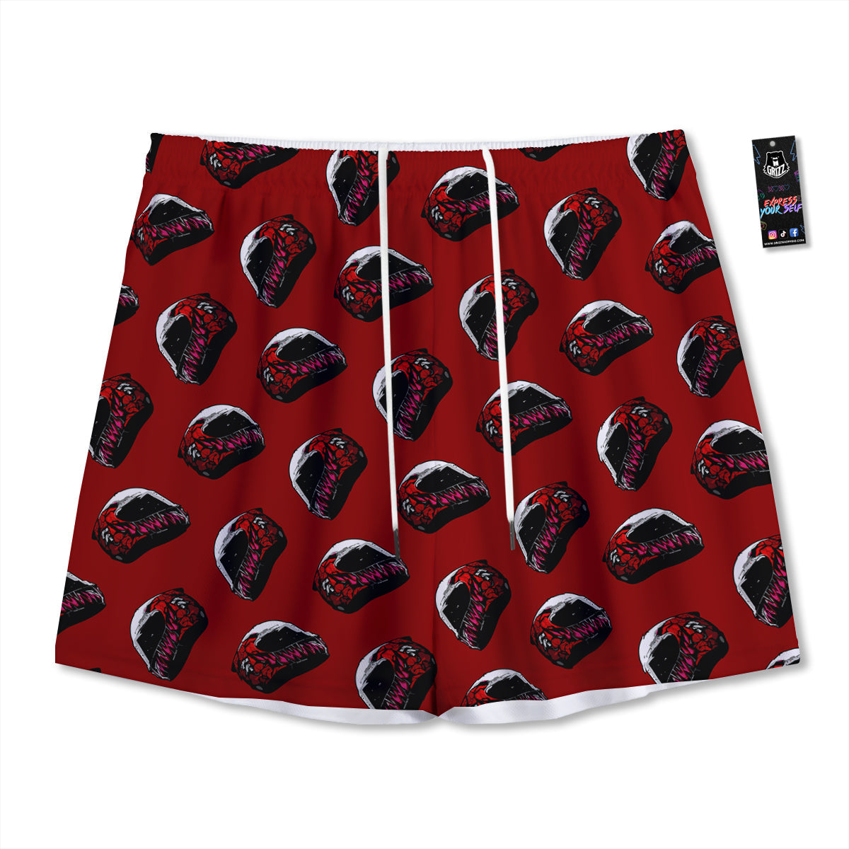 Biker Helmet Devil Print Pattern Mesh Shorts-grizzshop