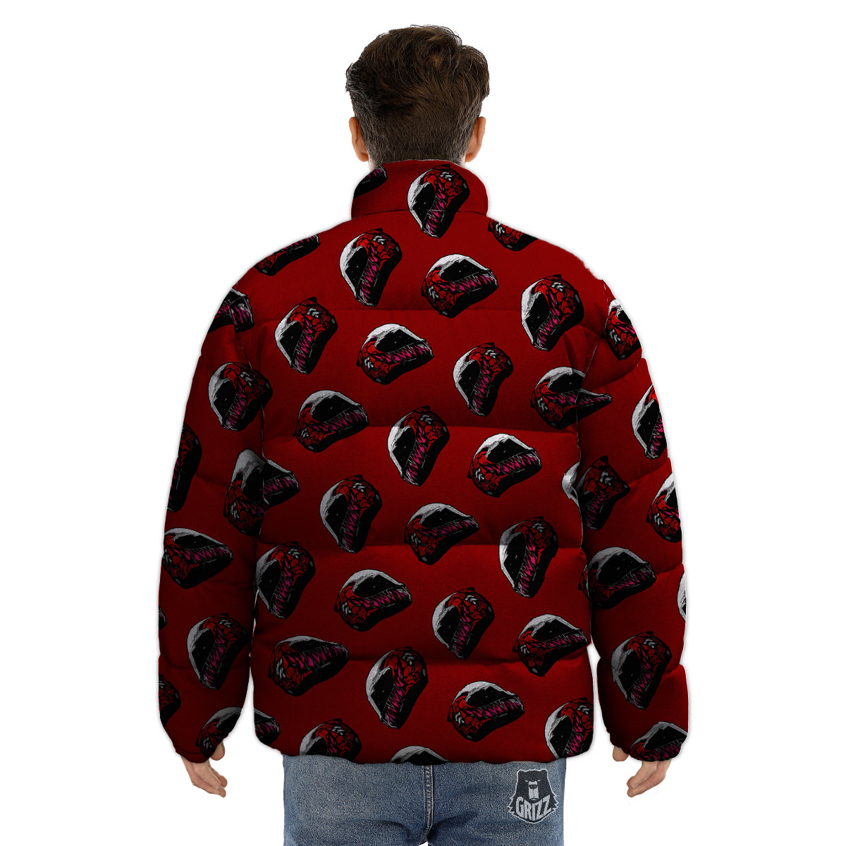 Biker Helmet Devil Print Pattern Puffer Jacket-grizzshop