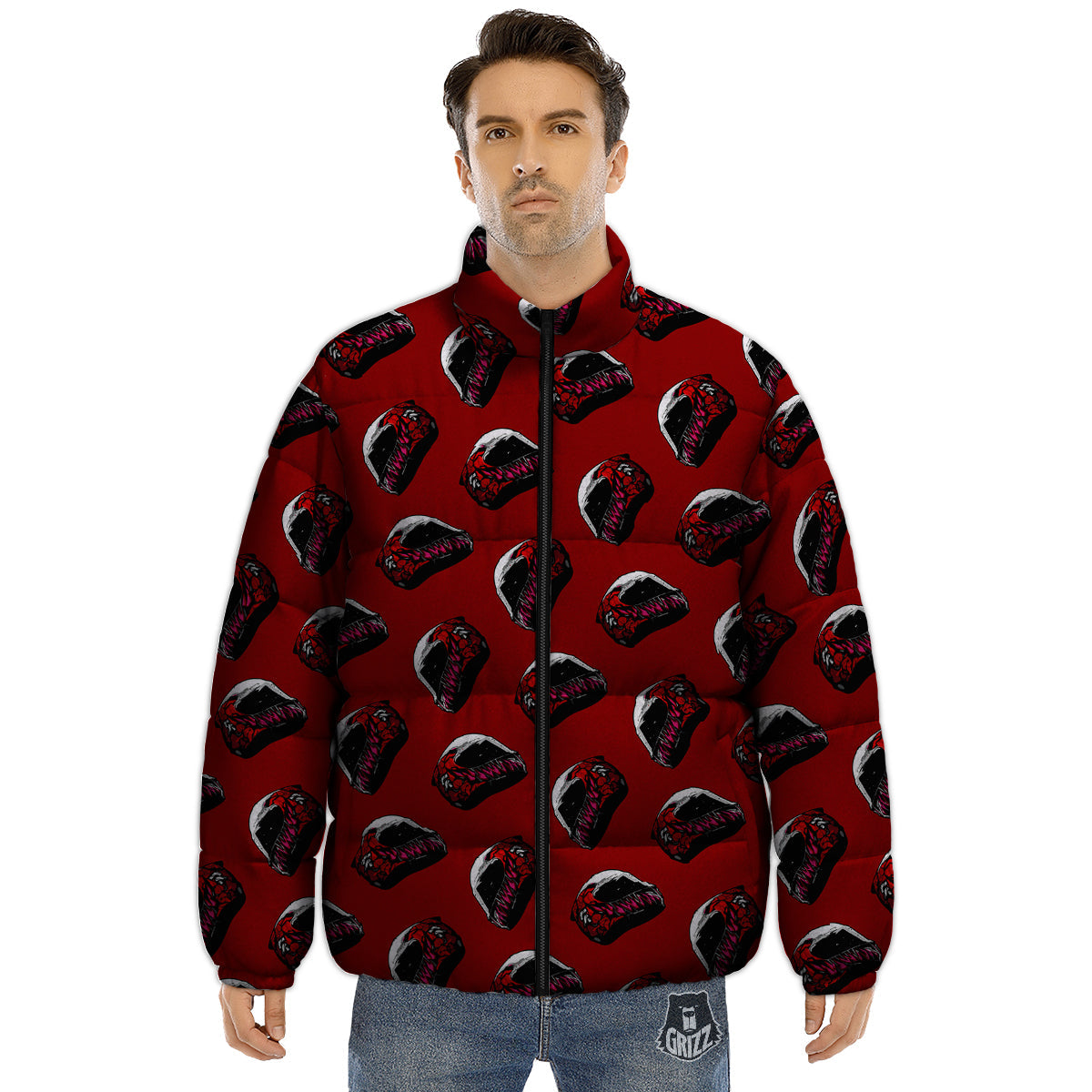 Biker Helmet Devil Print Pattern Puffer Jacket-grizzshop