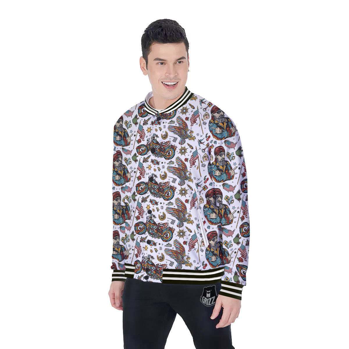 Bikers Old School Tattoo Print Pattern Baseball Jacket-grizzshop