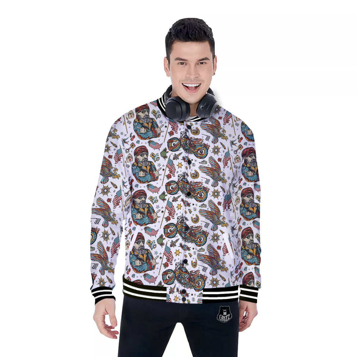 Bikers Old School Tattoo Print Pattern Baseball Jacket-grizzshop