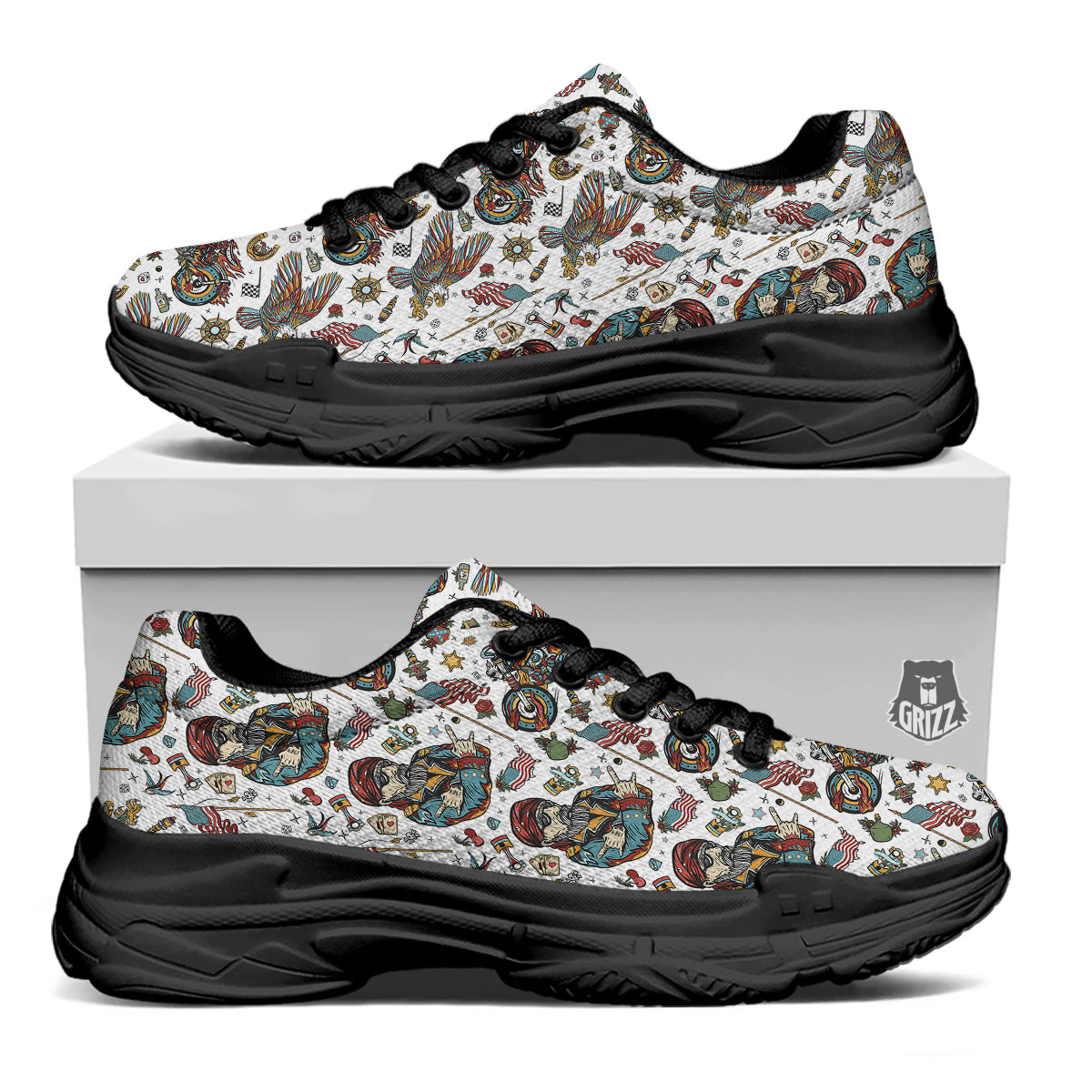 Bikers Old School Tattoo Print Pattern Black Chunky Shoes-grizzshop