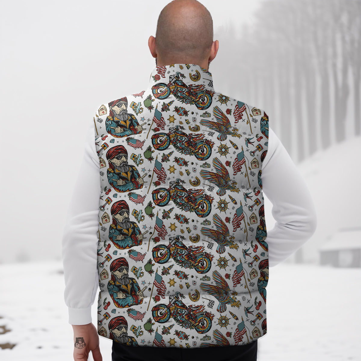 Bikers Old School Tattoo Print Pattern Down Vest