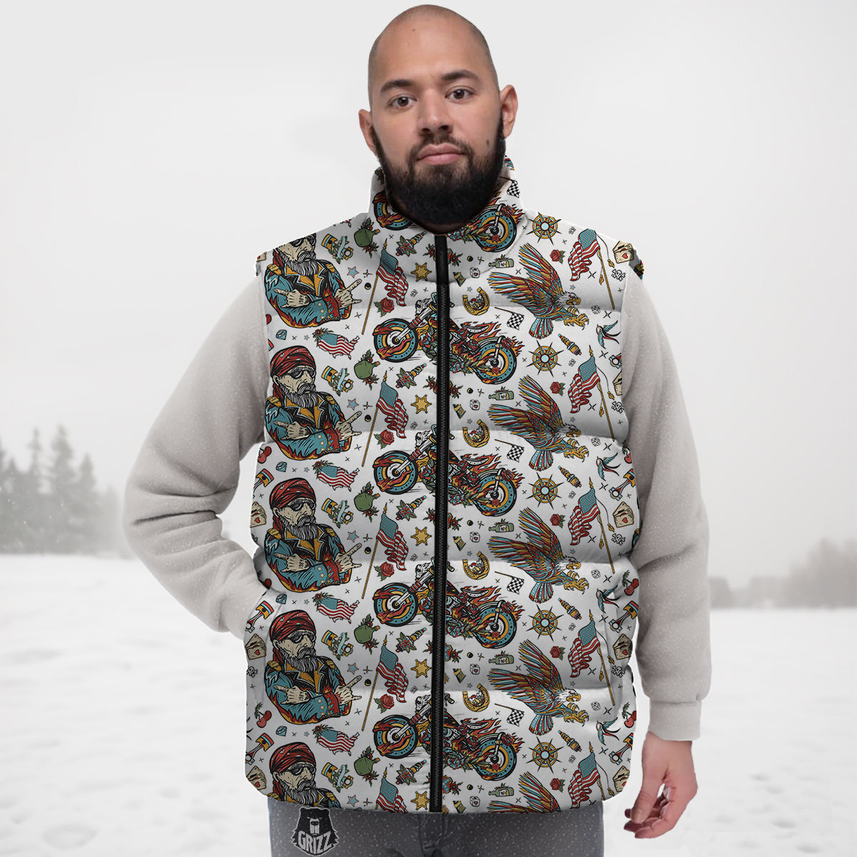Bikers Old School Tattoo Print Pattern Down Vest