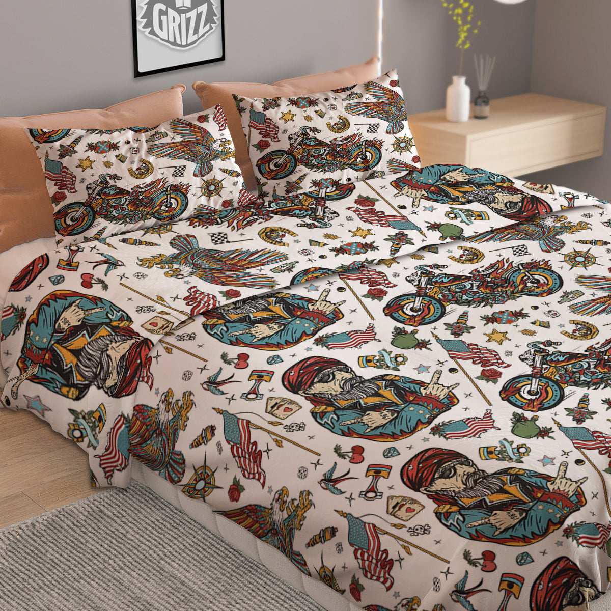 Bikers Old School Tattoo Print Pattern Duvet Cover Bedding Set