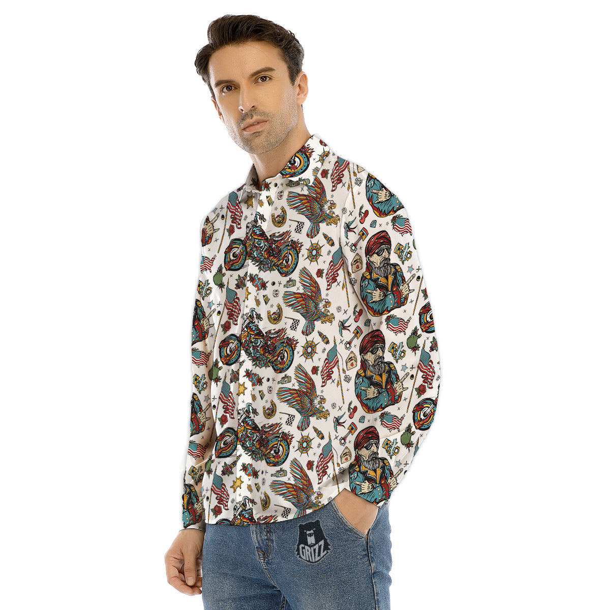 Bikers Old School Tattoo Print Pattern Men's Dress Shirts-grizzshop
