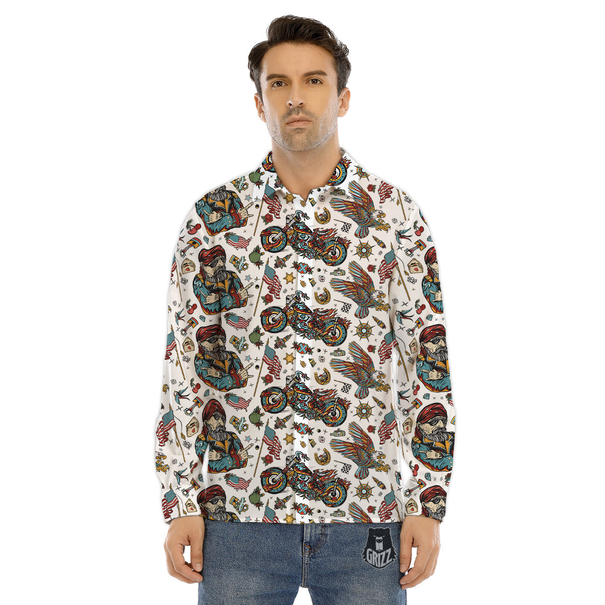 Bikers Old School Tattoo Print Pattern Men's Dress Shirts-grizzshop
