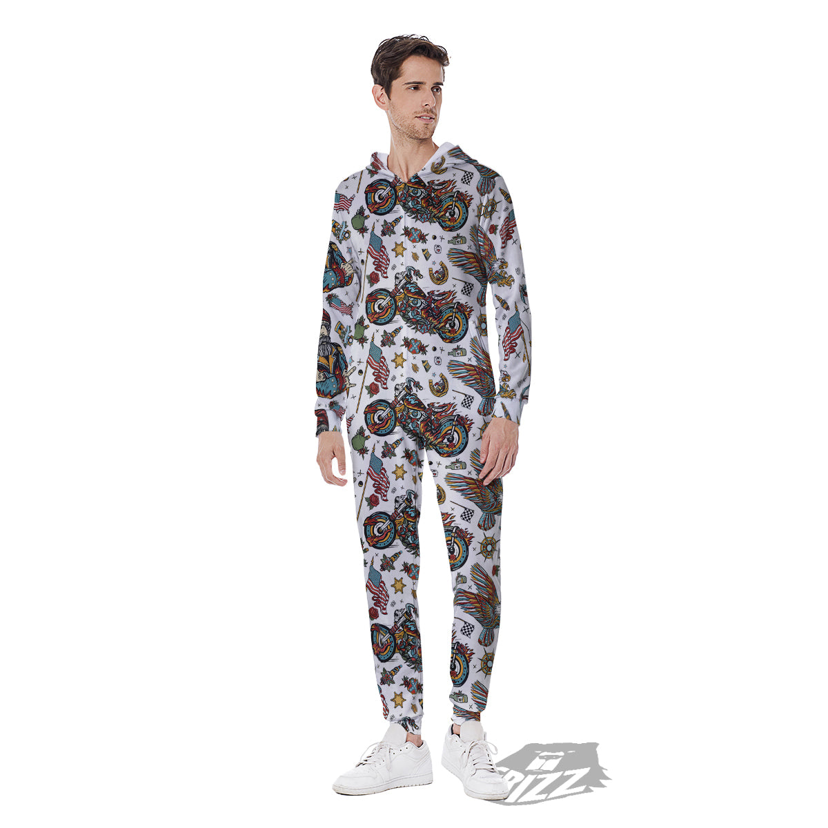 Bikers Old School Tattoo Print Pattern Men's Jumpsuit-grizzshop