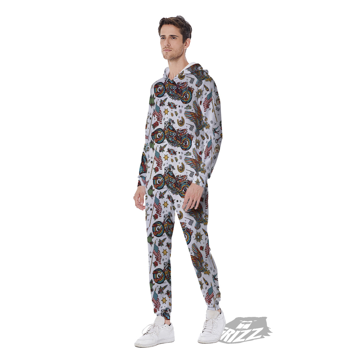 Bikers Old School Tattoo Print Pattern Men's Jumpsuit-grizzshop