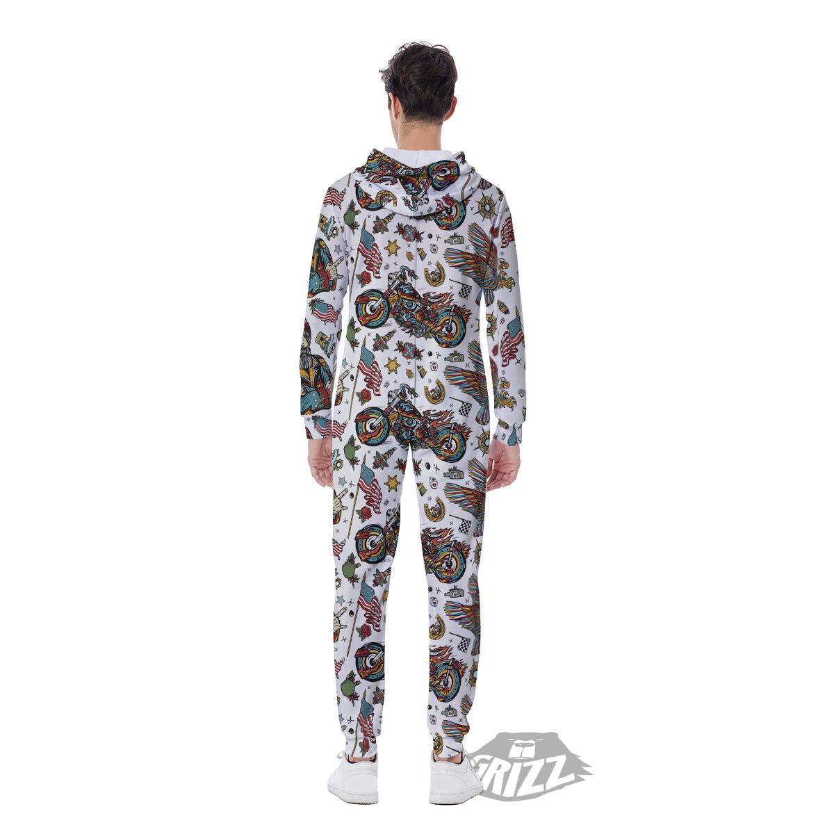 Bikers Old School Tattoo Print Pattern Men's Jumpsuit-grizzshop