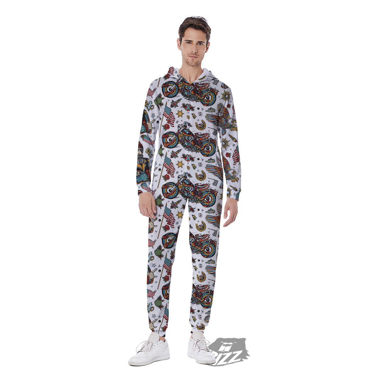 Bikers Old School Tattoo Print Pattern Men's Jumpsuit-grizzshop