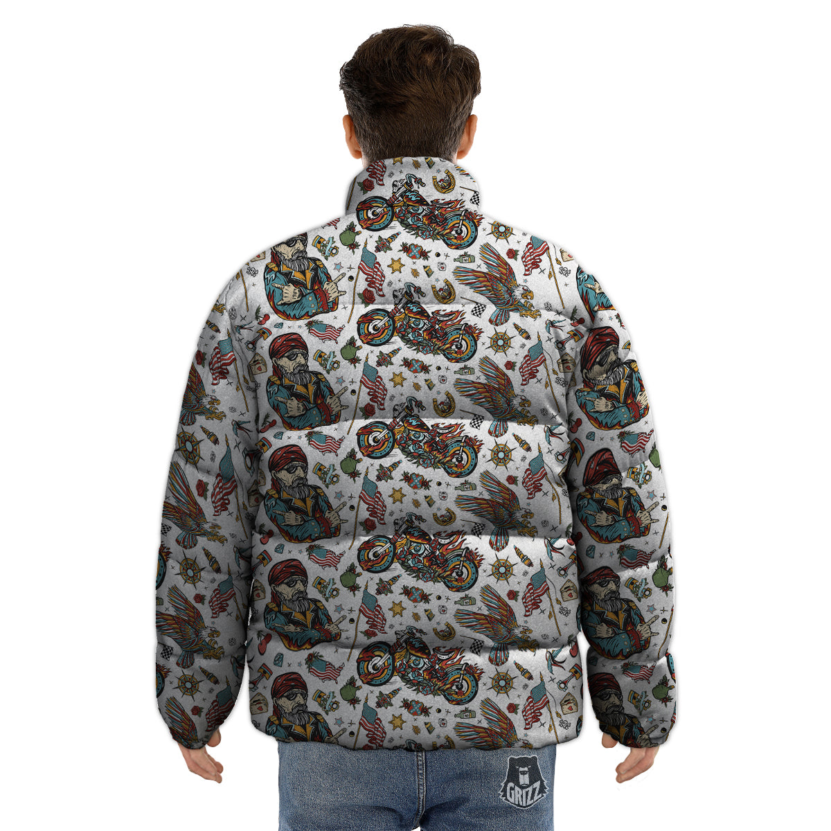 Bikers Old School Tattoo Print Pattern Puffer Jacket-grizzshop