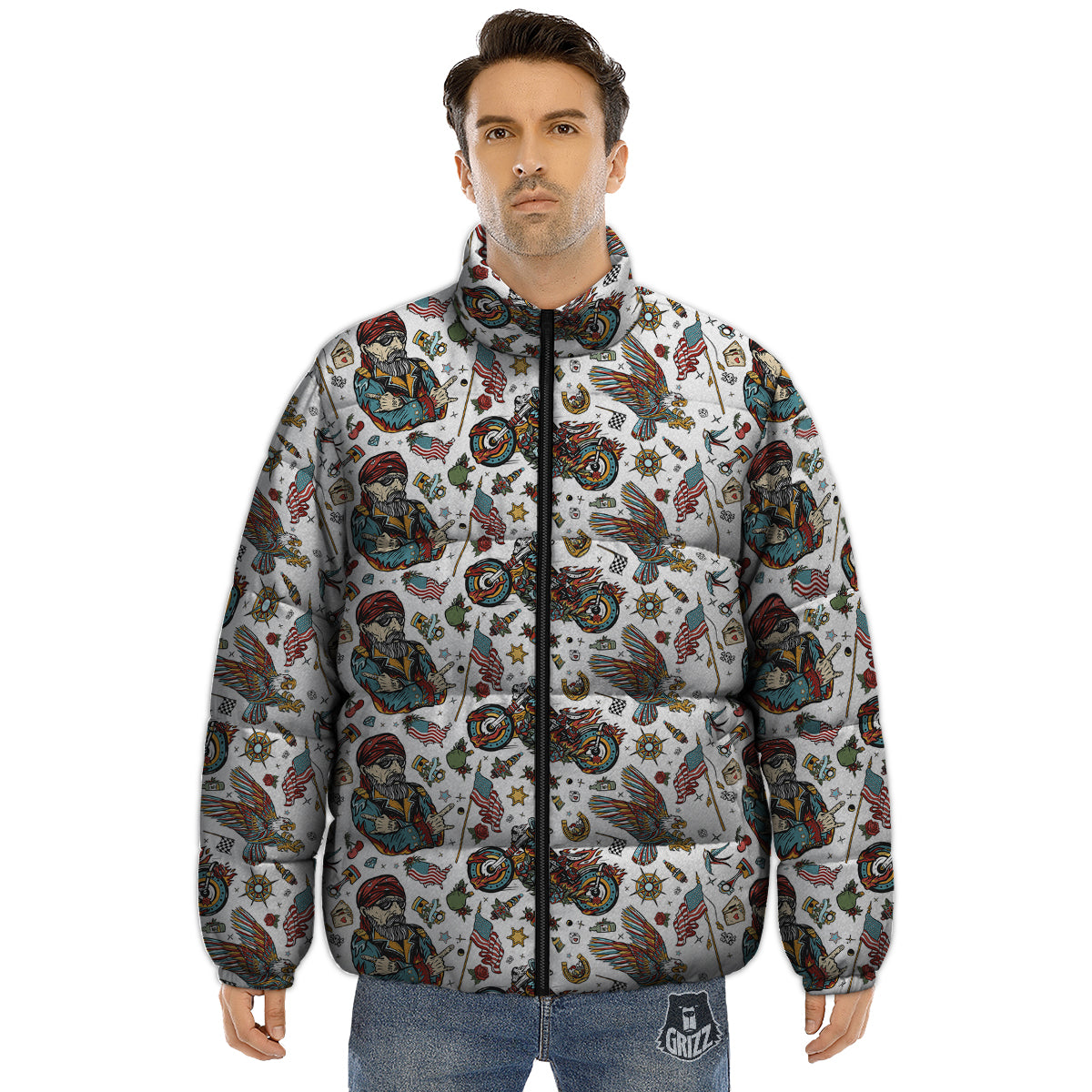Bikers Old School Tattoo Print Pattern Puffer Jacket-grizzshop