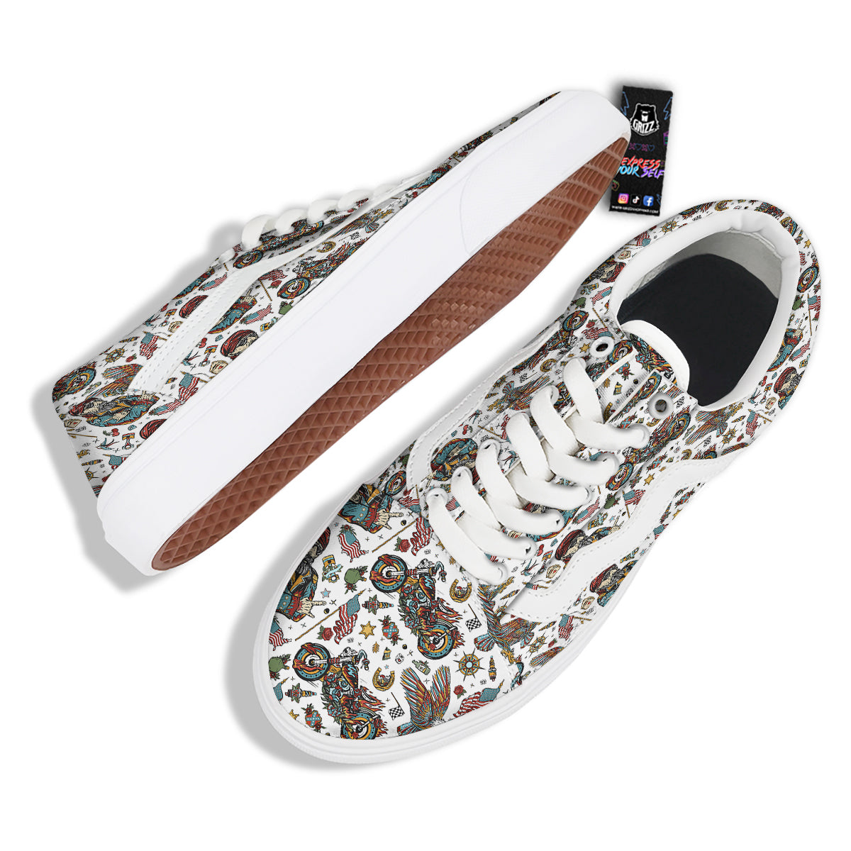 Bikers Old School Tattoo Print Pattern Skate Shoes-grizzshop