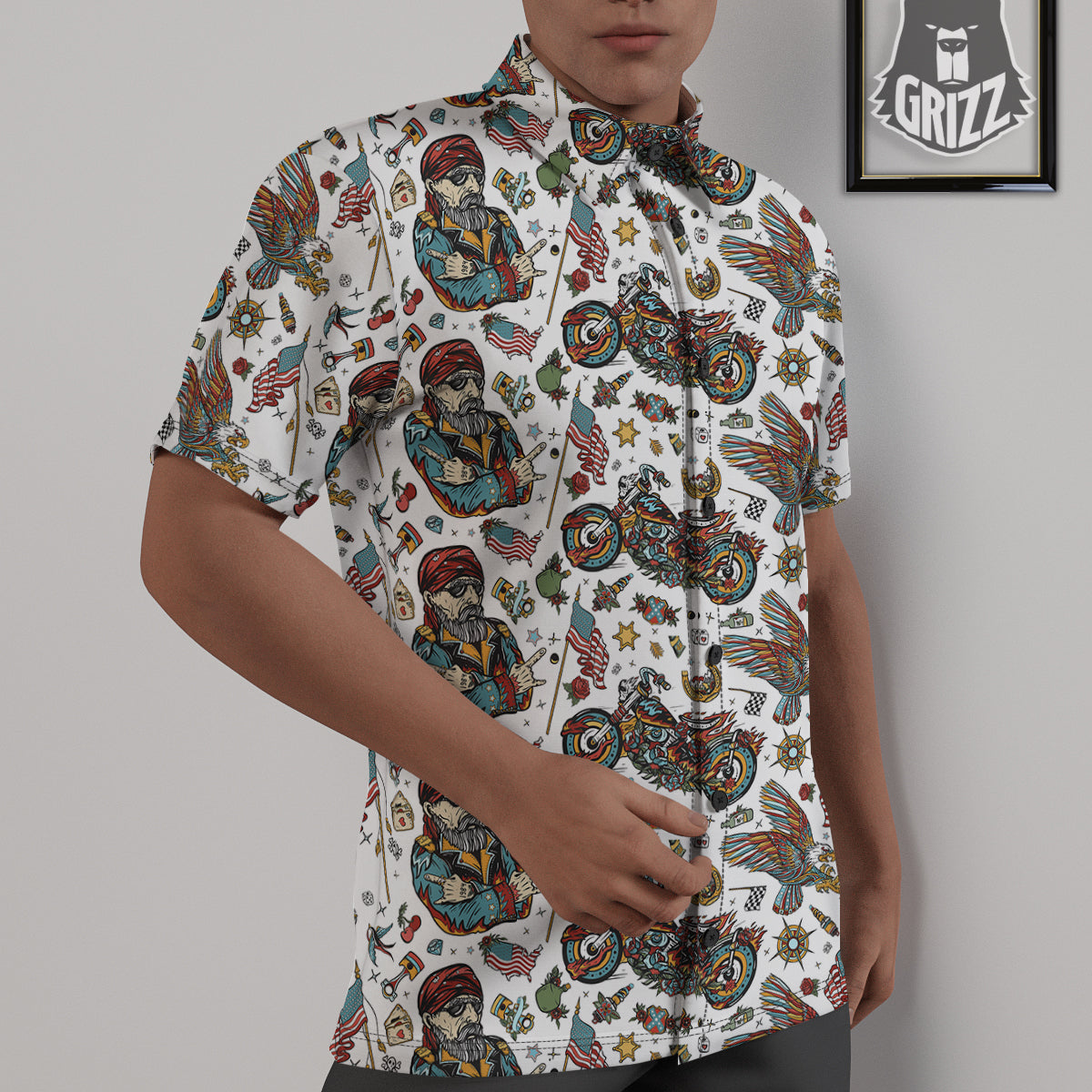 Bikers Old School Tattoo Print Pattern Untucked Shirts-grizzshop