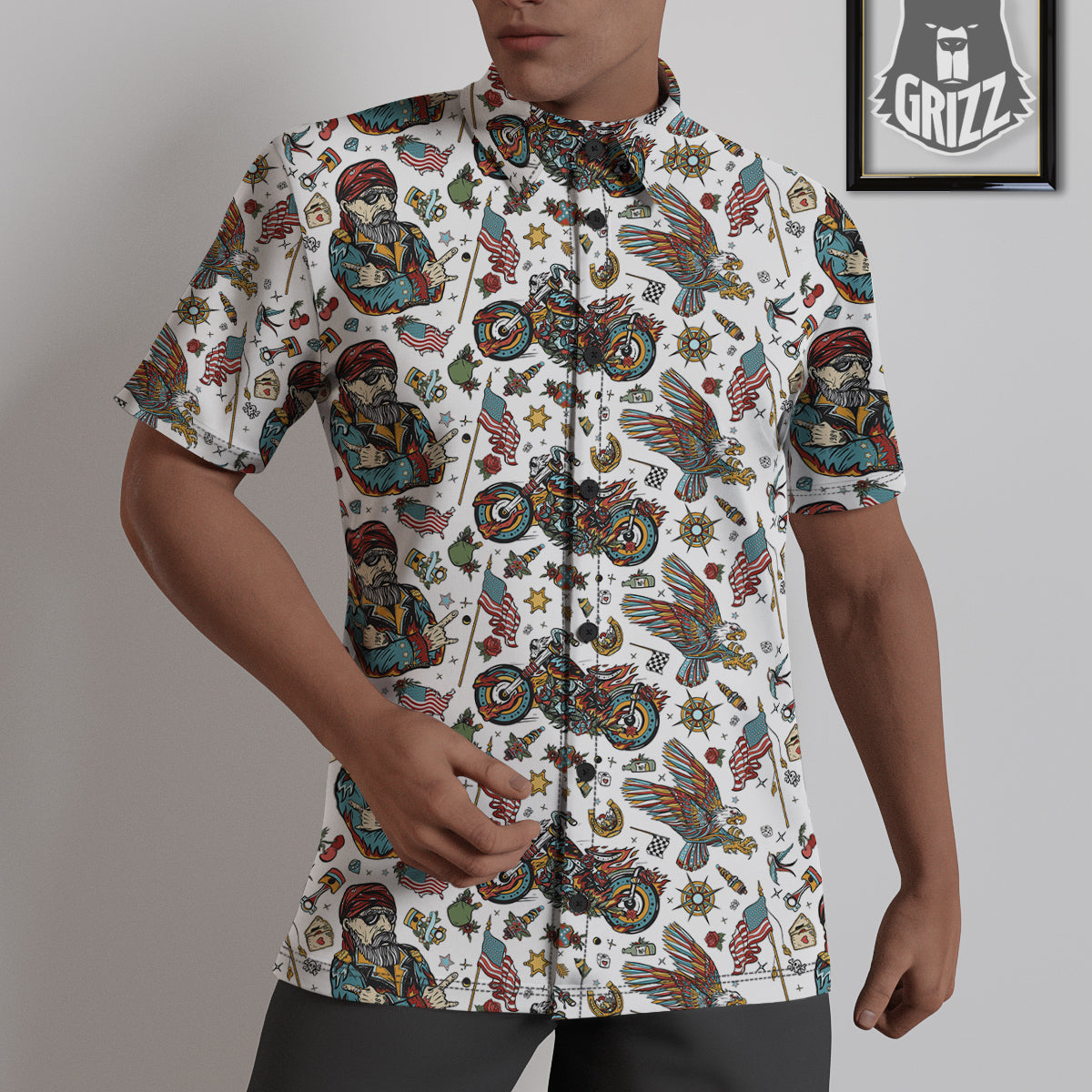 Bikers Old School Tattoo Print Pattern Untucked Shirts-grizzshop