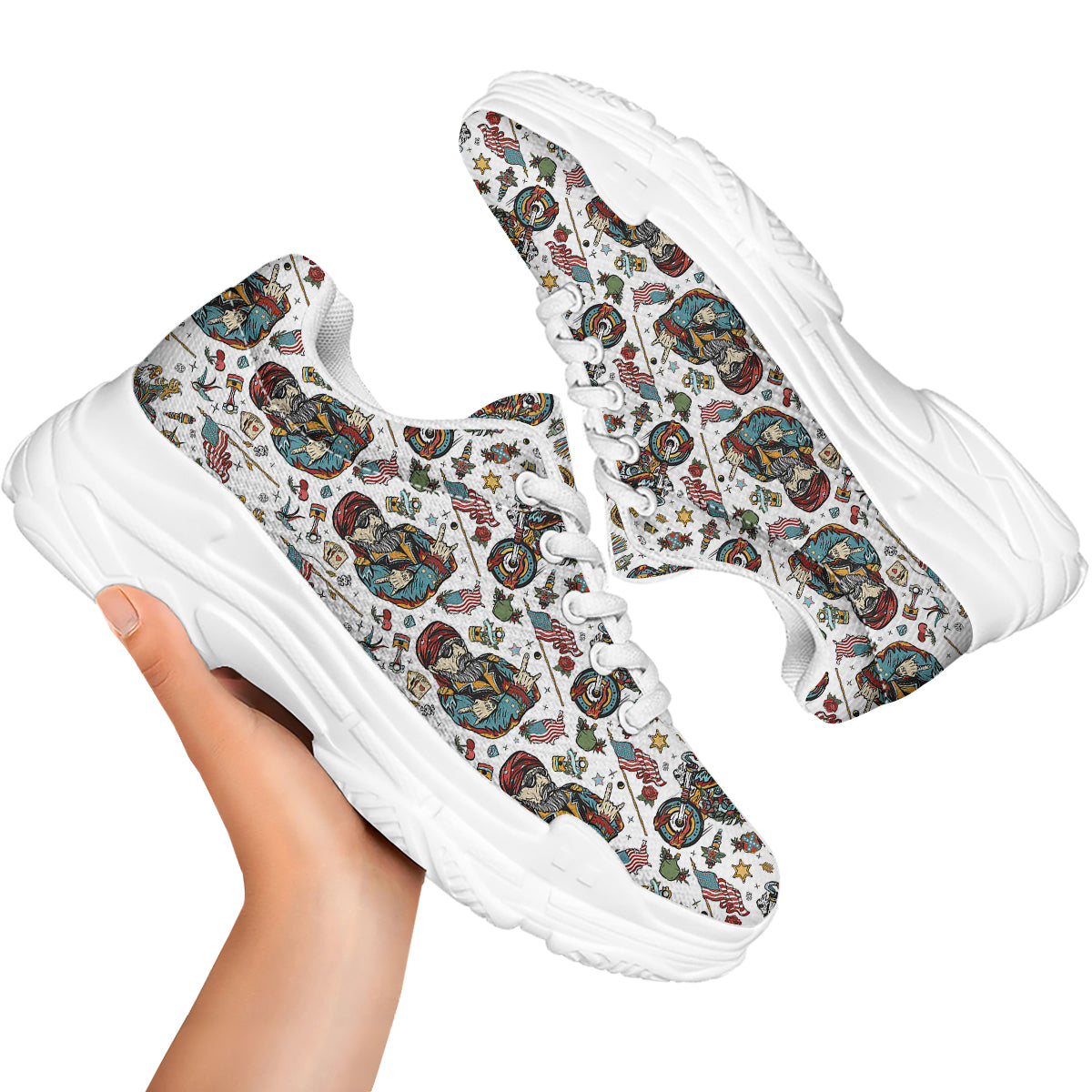 Bikers Old School Tattoo Print Pattern White Chunky Shoes-grizzshop