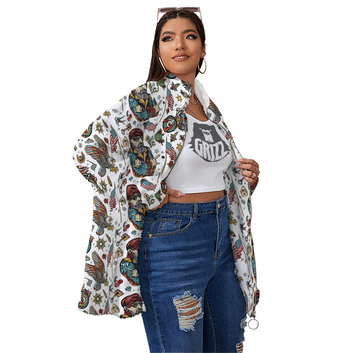 Bikers Old School Tattoo Print Pattern Women's Sherpa Jacket-grizzshop