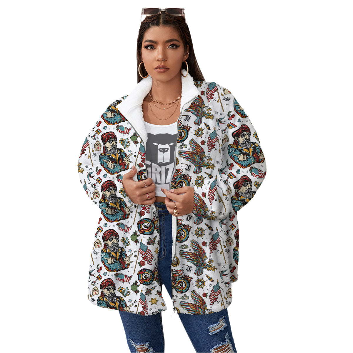Bikers Old School Tattoo Print Pattern Women's Sherpa Jacket-grizzshop