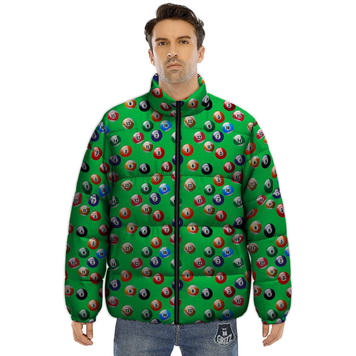 Billiard Ball Green Print Pattern Puffer Jacket-grizzshop