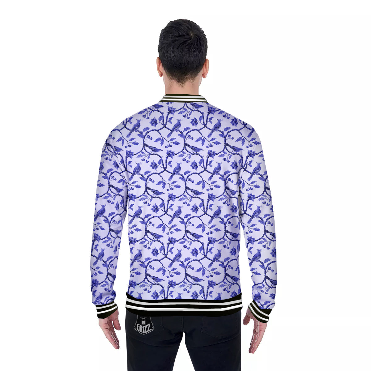 Bird Chinoiserie Print Pattern Baseball Jacket-grizzshop