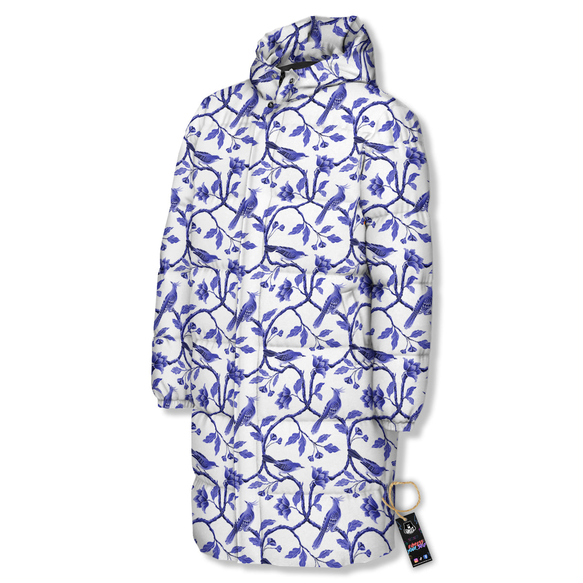 Bird Chinoiserie Print Pattern Long Down Jacket-grizzshop