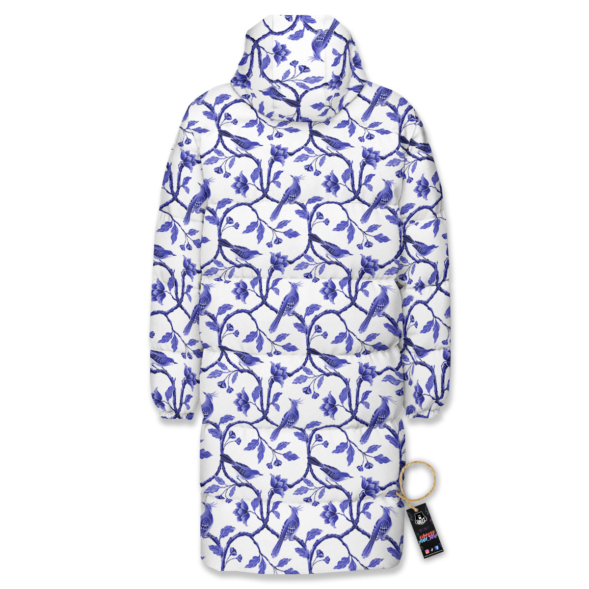 Bird Chinoiserie Print Pattern Long Down Jacket-grizzshop