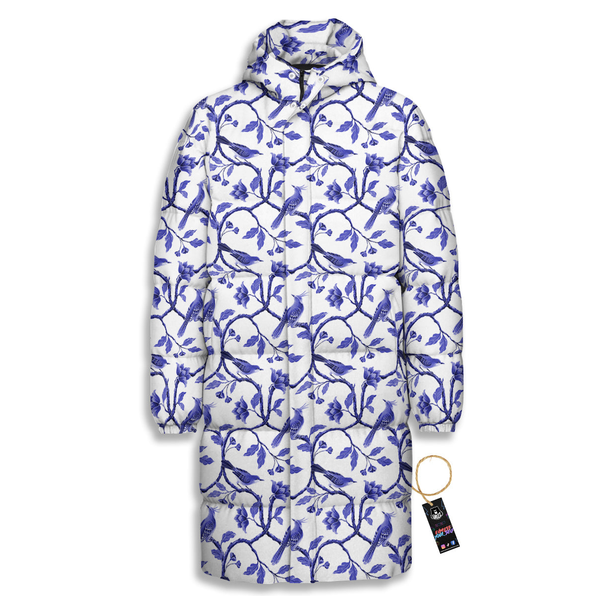 Bird Chinoiserie Print Pattern Long Down Jacket-grizzshop