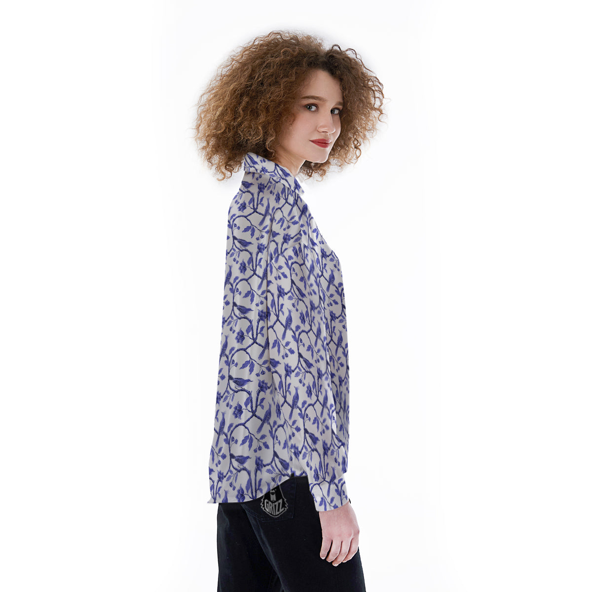 Bird Chinoiserie Print Pattern Women's Long Sleeve Shirts-grizzshop