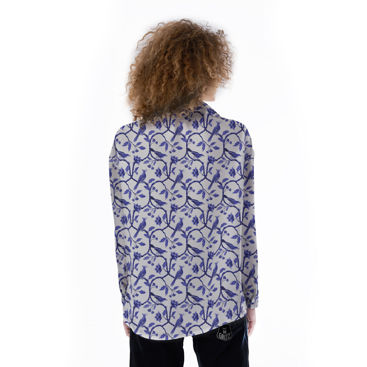 Bird Chinoiserie Print Pattern Women's Long Sleeve Shirts-grizzshop