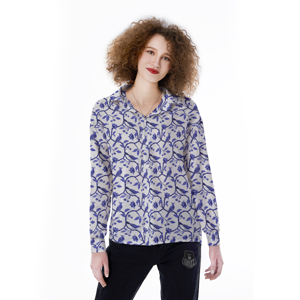 Bird Chinoiserie Print Pattern Women's Long Sleeve Shirts-grizzshop