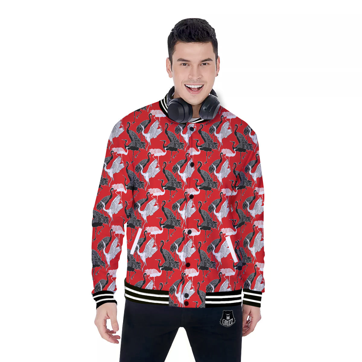 Bird Crane Print Pattern Baseball Jacket-grizzshop
