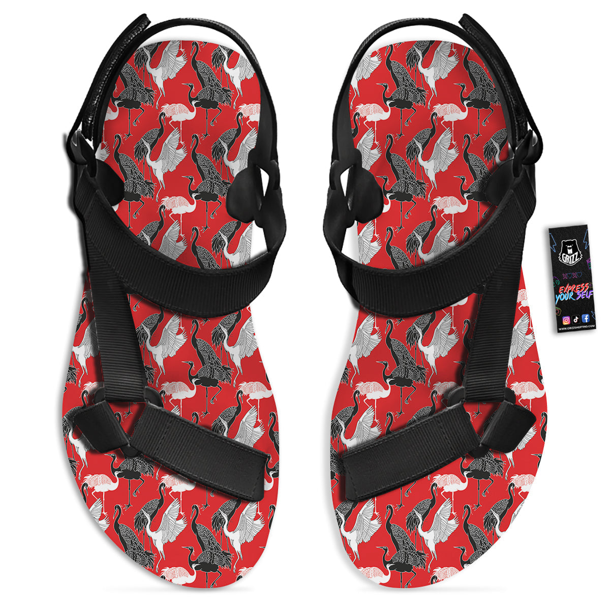 Bird Crane Print Pattern Black Open Toe Sandals-grizzshop