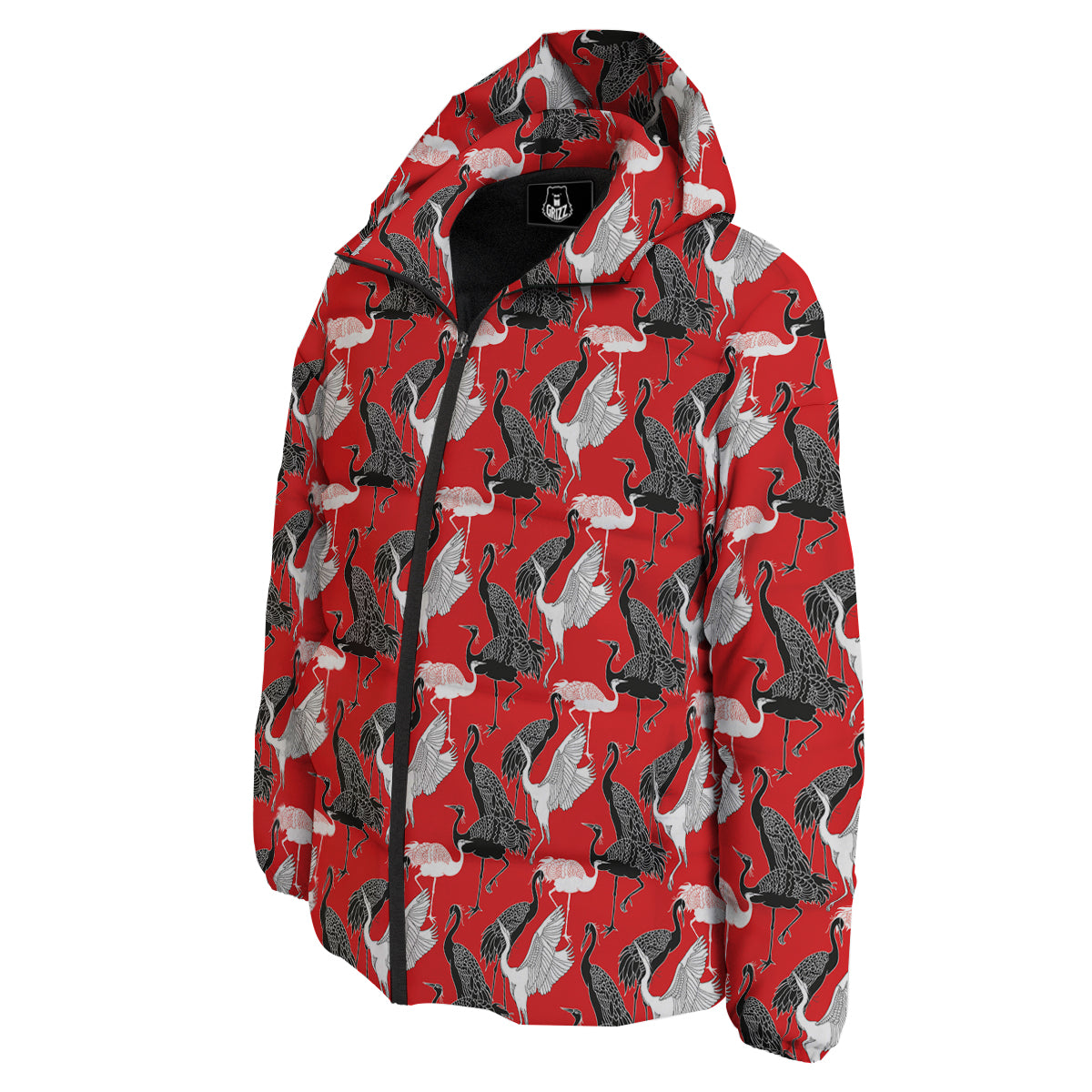 Bird Crane Print Pattern Down Jacket-grizzshop