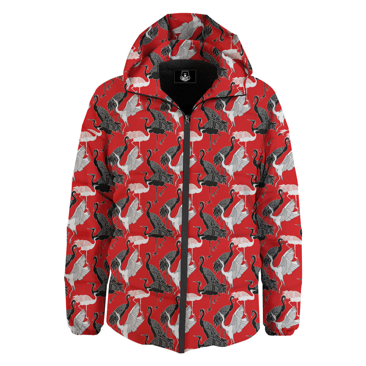 Bird Crane Print Pattern Down Jacket-grizzshop