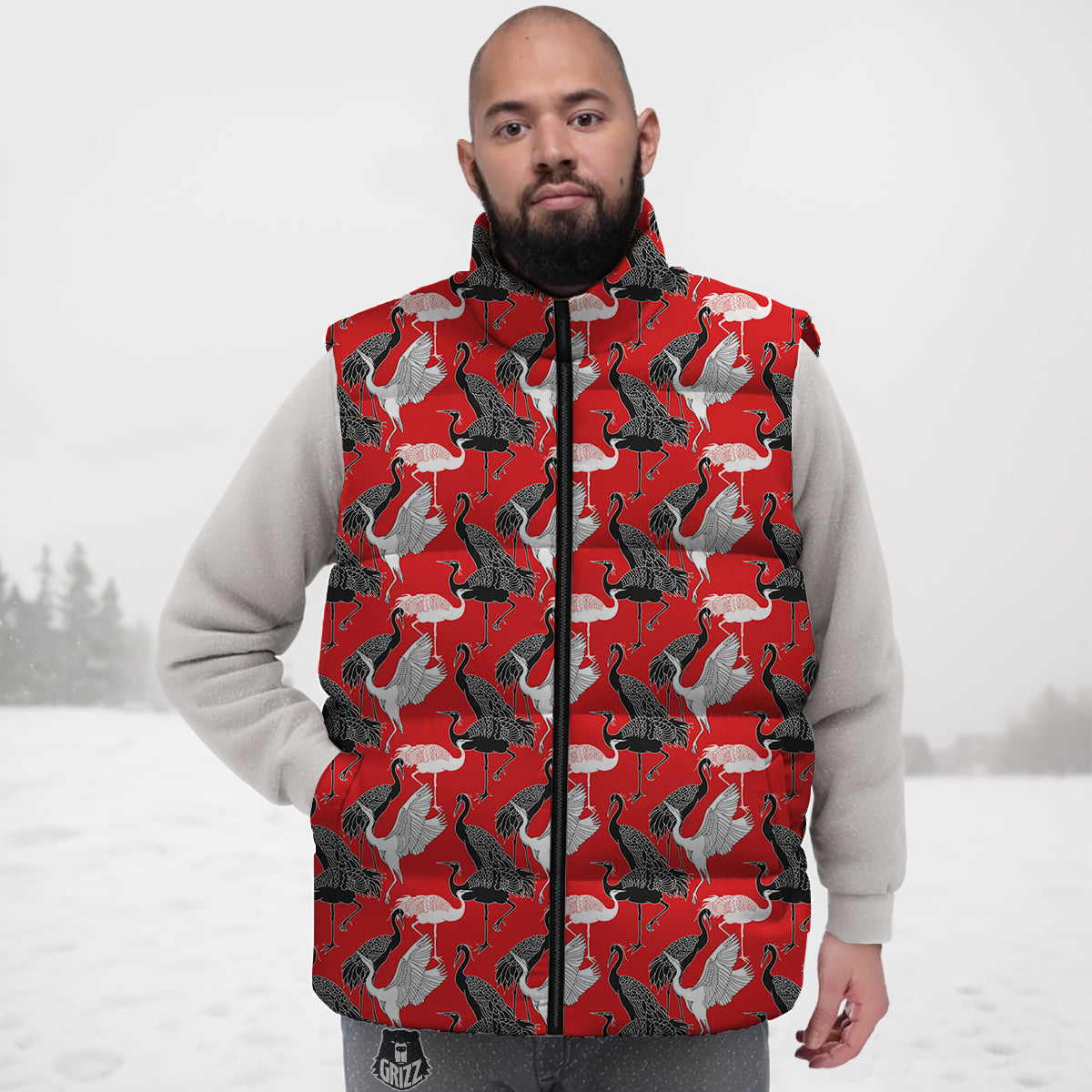 Bird Crane Print Pattern Down Vest-grizzshop