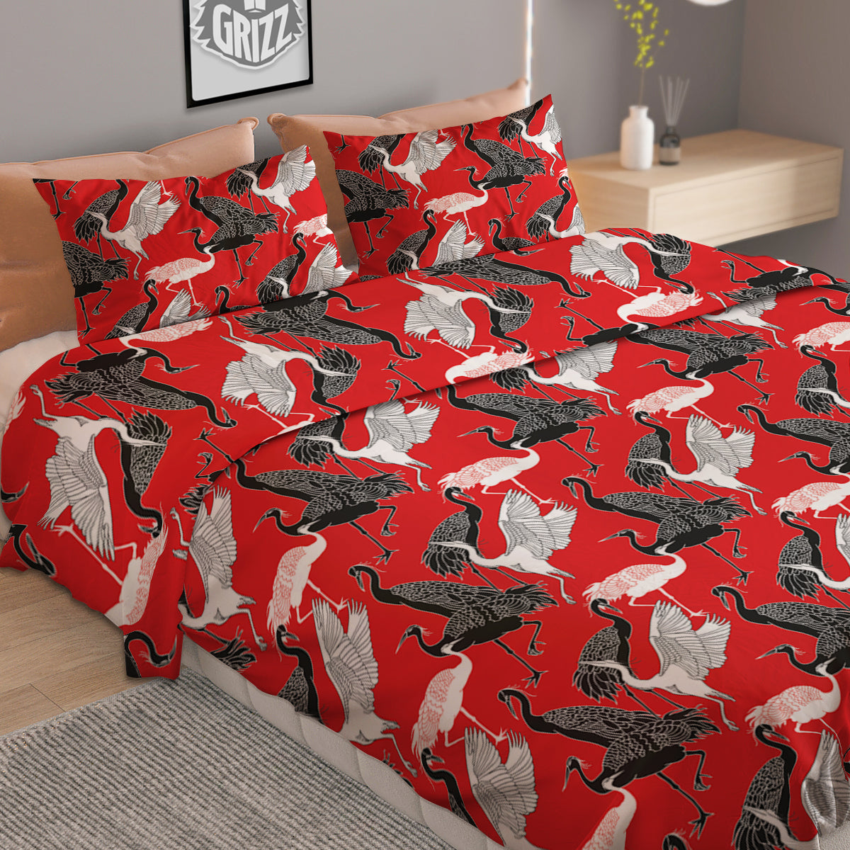 Bird Crane Print Pattern Duvet Cover Bedding Set-grizzshop