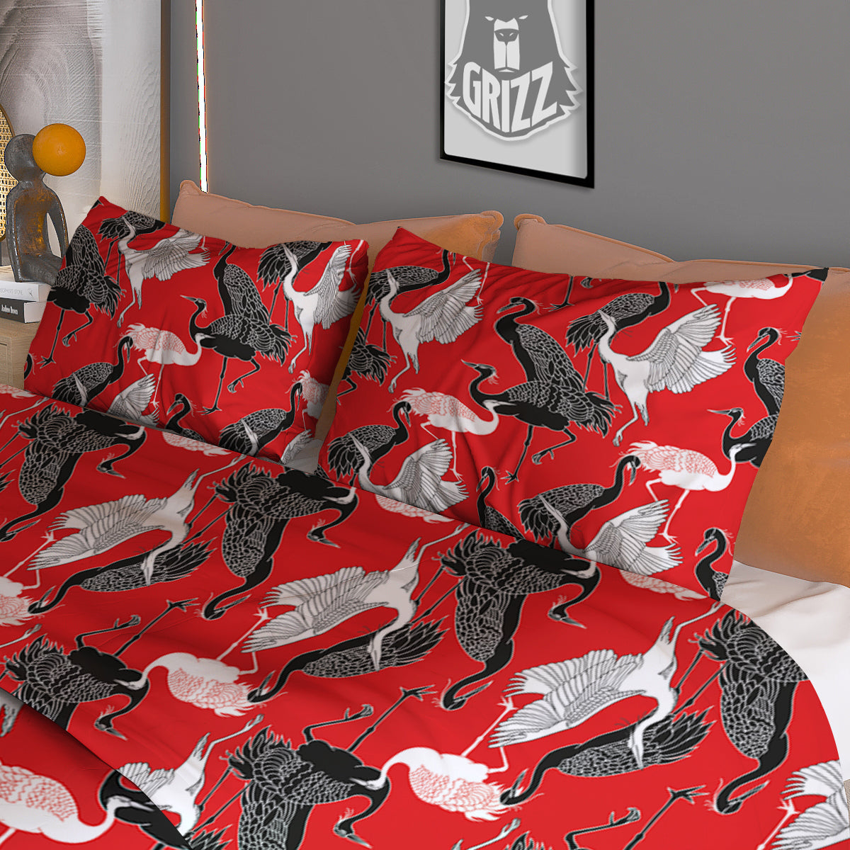 Bird Crane Print Pattern Duvet Cover Bedding Set-grizzshop
