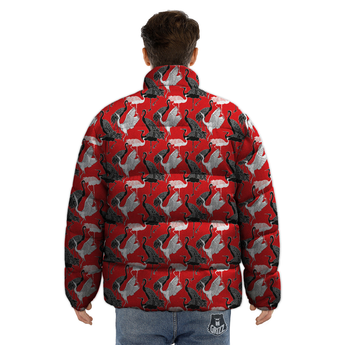Bird Crane Print Pattern Puffer Jacket-grizzshop