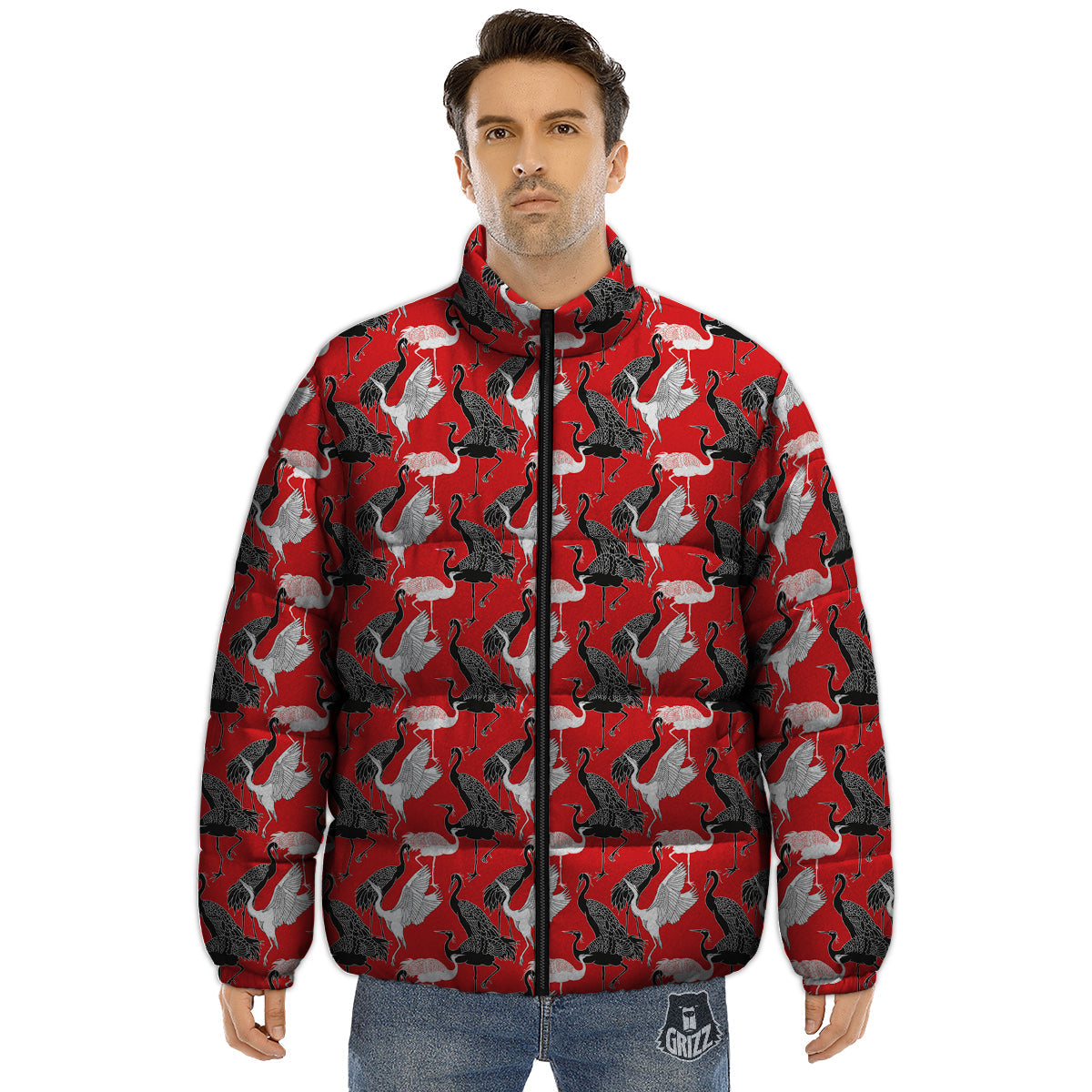 Bird Crane Print Pattern Puffer Jacket-grizzshop