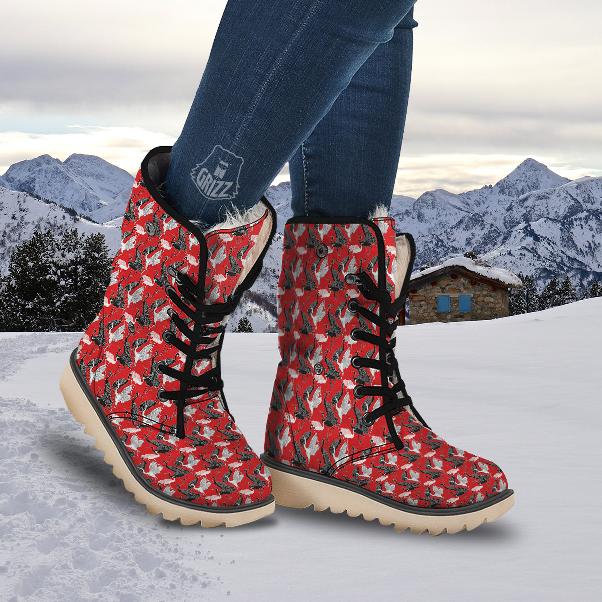 Bird Crane Print Pattern Snow Boots-grizzshop