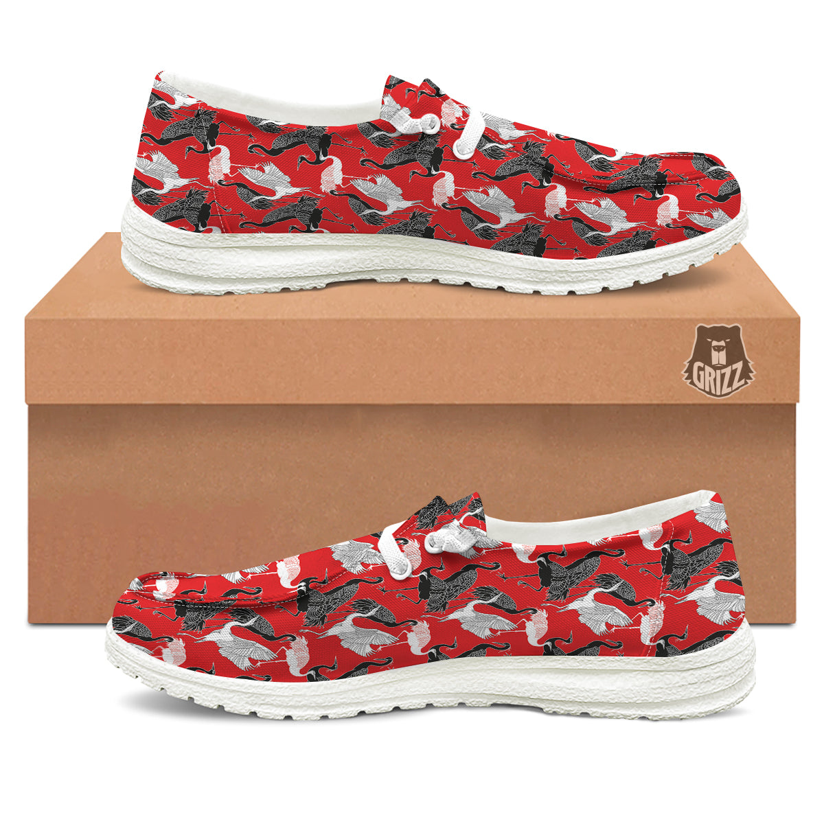 Bird Crane Print Pattern White Loafers-grizzshop