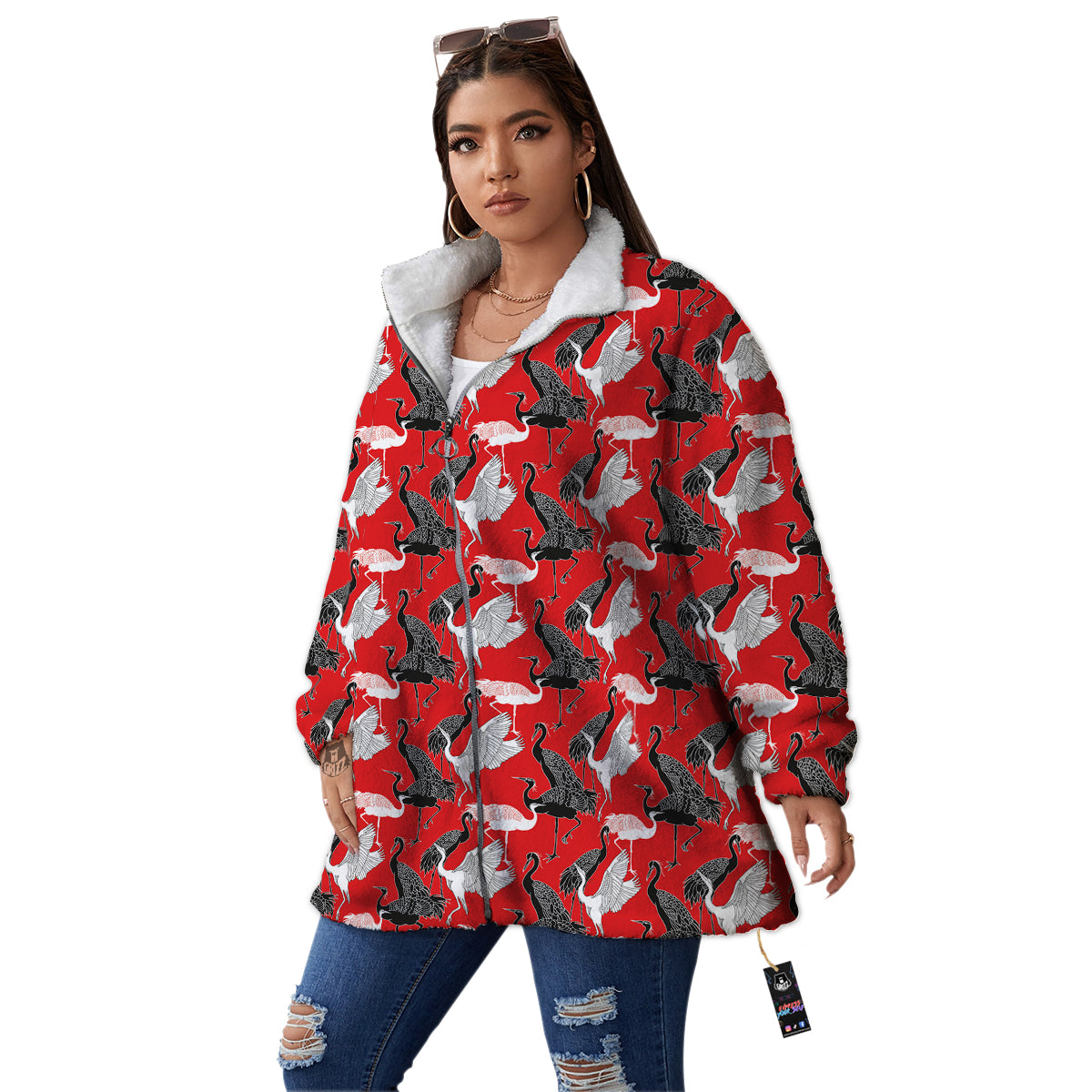 Bird Crane Print Pattern Women's Sherpa Jacket-grizzshop