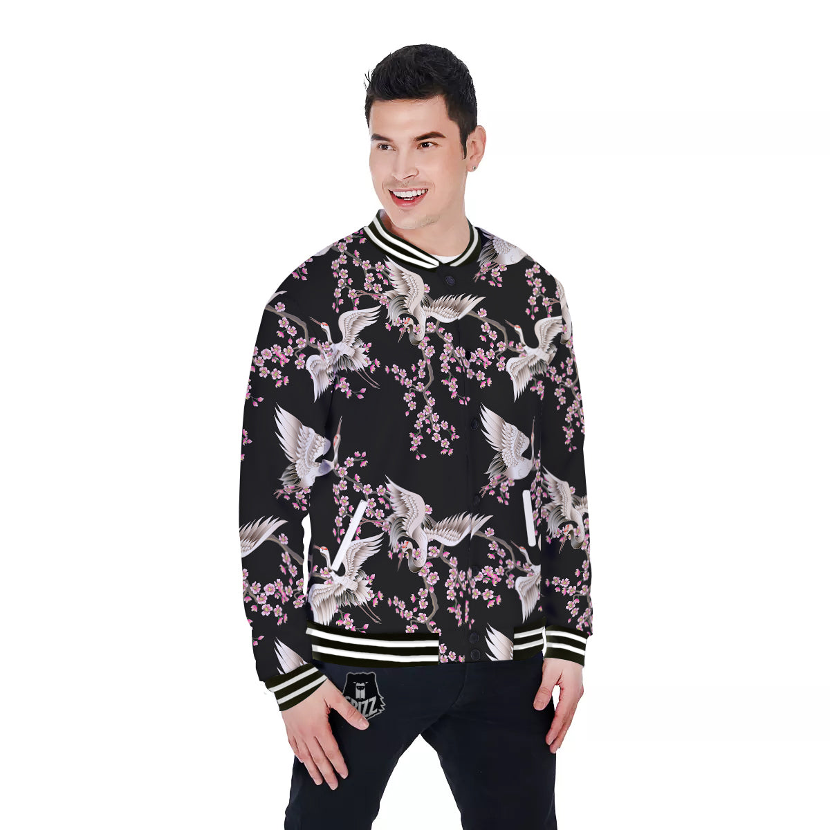Bird Crane Watercolor Print Pattern Baseball Jacket-grizzshop