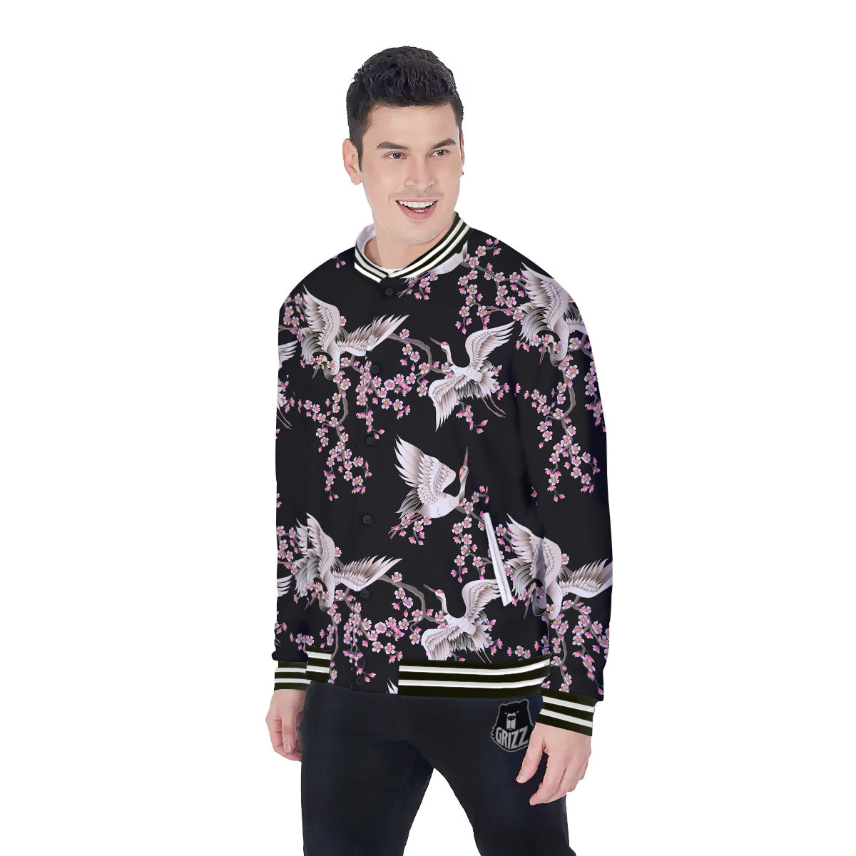Bird Crane Watercolor Print Pattern Baseball Jacket-grizzshop