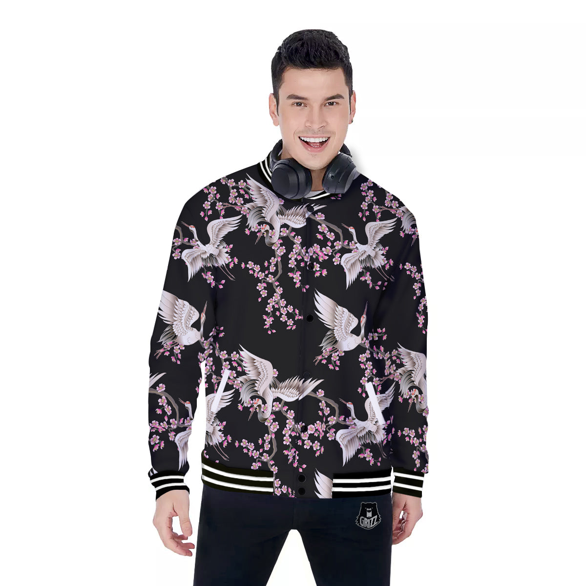 Bird Crane Watercolor Print Pattern Baseball Jacket-grizzshop