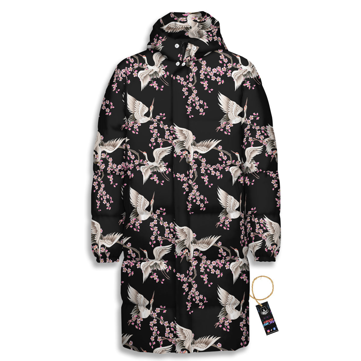 Bird Crane Watercolor Print Pattern Long Down Jacket-grizzshop
