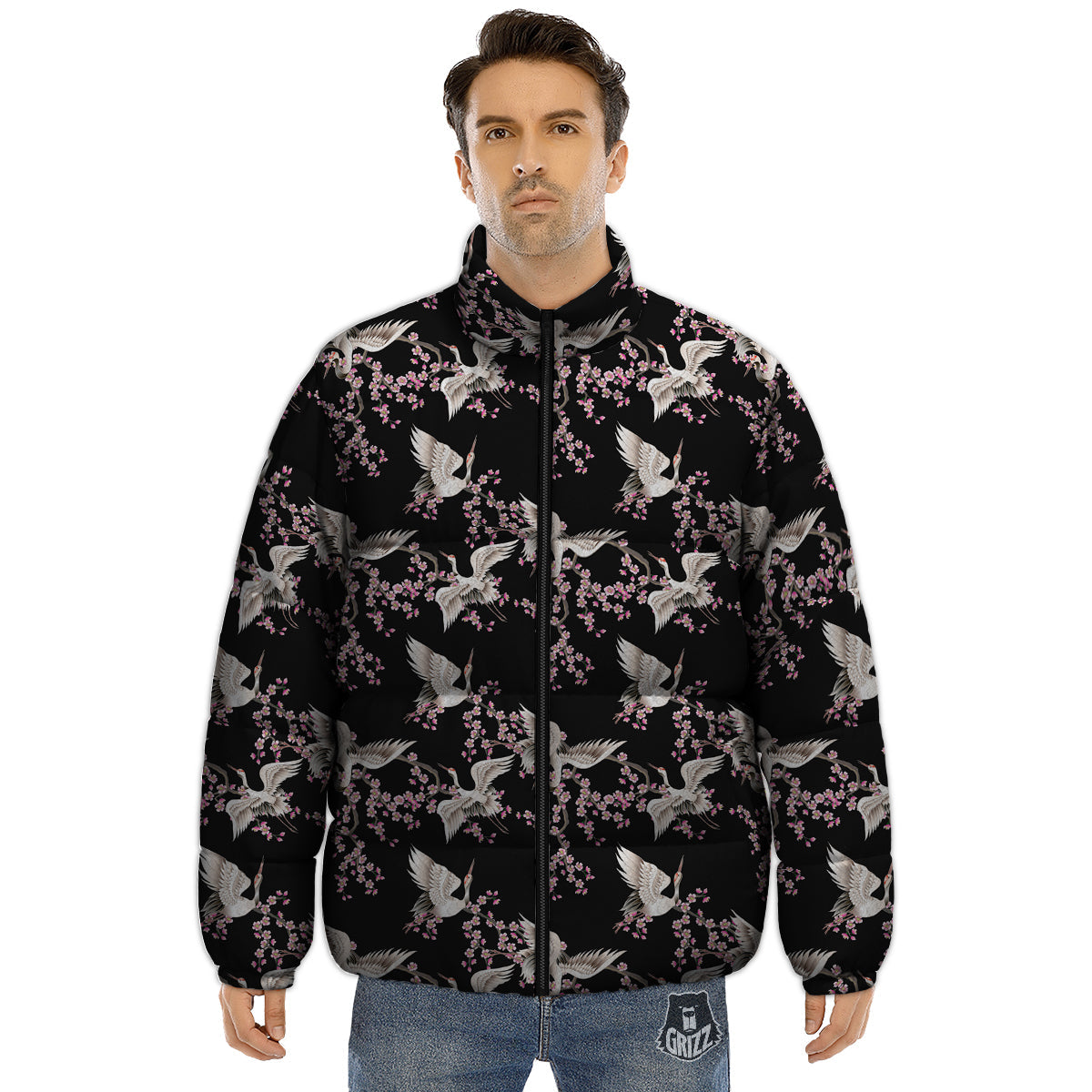 Bird Crane Watercolor Print Pattern Puffer Jacket-grizzshop