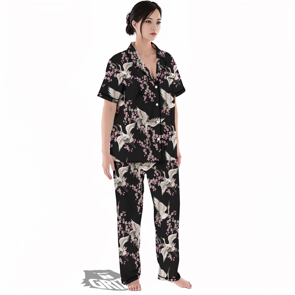 Bird Crane Watercolor Print Pattern Women's Pajamas Set-grizzshop